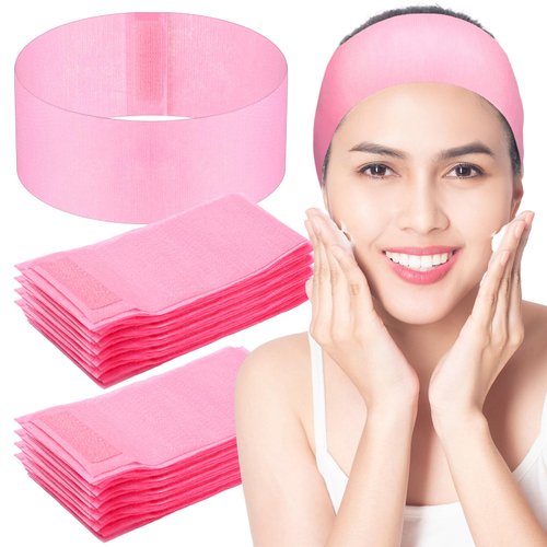 Juinte 300 Pcs Disposable Spa Facial Headbands Pink Spa Headband Stretch Non Woven Facial Headband Skin Care Soft Make up Hair Band with Convenient Closure for Women Sport Yoga Salon Shower
