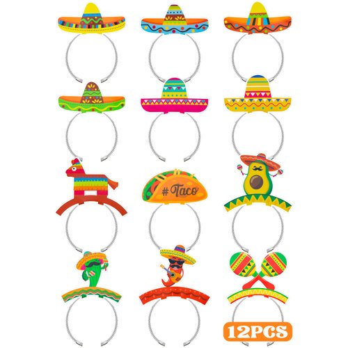 12 PCS Colorful Patterned Cardboard Sombrero Hats, Fiesta Headbands for Mexican Theme Celebration Party Favors