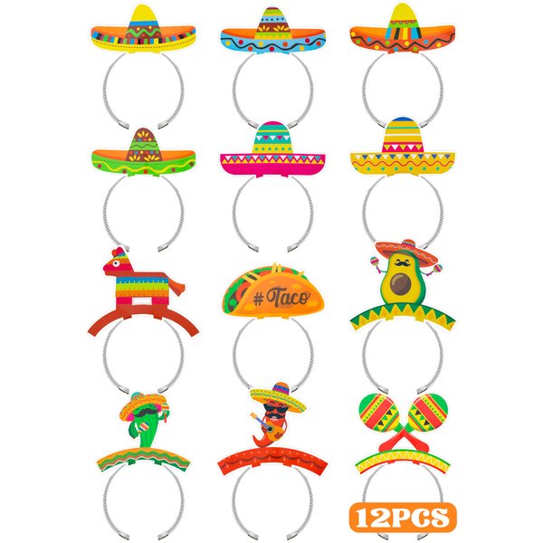 12 PCS Colorful Patterned Cardboard Sombrero Hats, Fiesta Headbands for Mexican Theme Celebration Party Favors