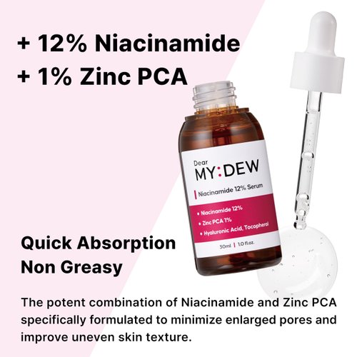 DearMYDEW 12% Niacinamide Serum with 1% Zinc PCA, Pore Minimizer for Face, Control Excess Oil and Sebum, Improve Uneven Skin Tone, Discoloration Correcting, Fast Absorbing, Korean Skincare, 1Fl Oz