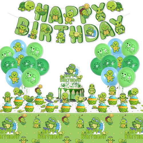 Turtle Party Decorations - Including Turtle Balloons, Happy Birthday Banner, Cake Topper, and Green Tablecloth for Under the Sea Party Decorations Turtle Birthday Party Supplies