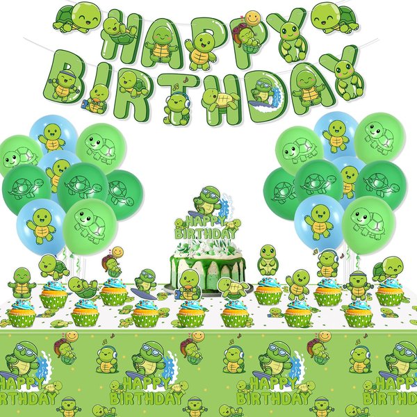 Turtle Party Decorations - Including Turtle Balloons, Happy Birthday Banner, Cake Topper, and Green Tablecloth for Under the Sea Party Decorations Turtle Birthday Party Supplies