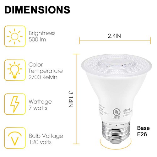 PAR20 LED Bulbs UL Listed, Dimmable Light Bulb, 7 Watt(60W Equivalent) Spotlight, E26 Base, 2700K Warm White Flood Light Bulbs for Living Room Kitchen Pantry Hotels Showroom, Indoor/Outdoor (6 Pack)