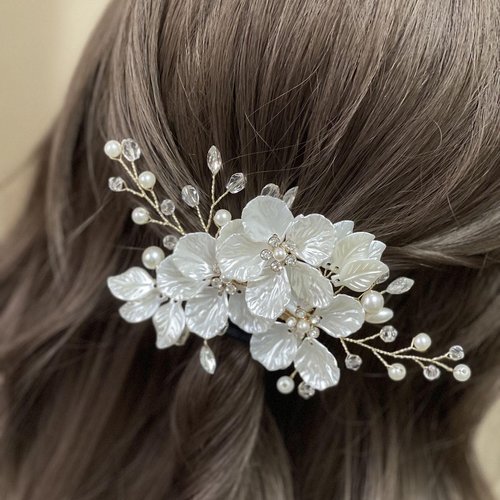VMila Wedding Pearl Hair Comb Wedding Hair Comb Bridal Hair Accessories Pearl Flower Hair Accessories For Women Girls Wedding Hair Accessories (Gold Vine White Flower)