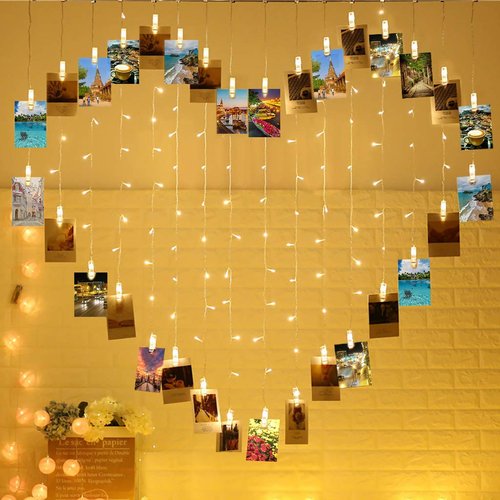 124 Lights Heart Shape Picture Clip String Lights,32 Clip Lights and 92 LED Lights, Sweet Ambience Decoration for Bedroom Livingroom Birthday/Wedding Photoes Show,Balloon Decoration,Warm White