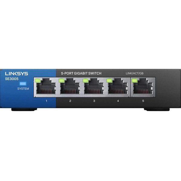 Linksys SE3005: 5-Port Gigabit Ethernet Unmanaged Switch, Computer Network, Auto-Sensing Ports Maximize Data Flow for up to 1,000 Mbps (Black, Blue)