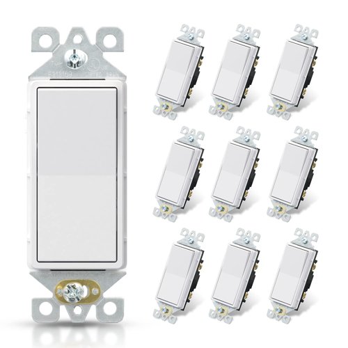 ELEGRP Matte White Single Pole Decorator Light Switch, 15Amp, 120/277V, Decorative Paddle Rocker Switch Replacement, On/Off Wall Switch, Self-Grounding, Residential/Commercial Grade, UL/CUL (10 Pack)