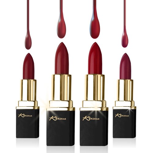 Khasana Lipstick Set. Long Lasting Gift Set. Moisturizing Formula, Infused with Vitamin E and Vitamin C. Multi Finish Lip Makeup Cream Gloss & Matte. Pack of 4 Red Collection