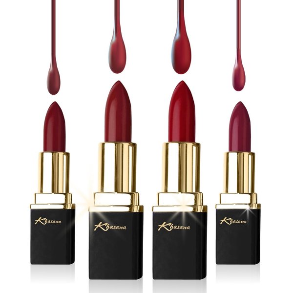 Khasana Lipstick Set. Long Lasting Gift Set. Moisturizing Formula, Infused with Vitamin E and Vitamin C. Multi Finish Lip Makeup Cream Gloss & Matte. Pack of 4 Red Collection