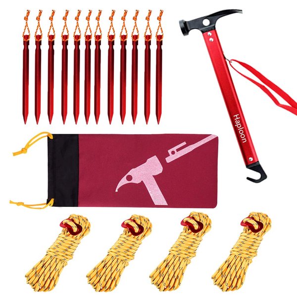 Haploon Camping Accessories Kit, Aluminum Tent Mallet Stake Hammer with Metal Tent Pegs, Nylon Guyline Rope 4x13ft with Cord Adjuster, Tent Accessories for Camping, Hiking, Backpacking