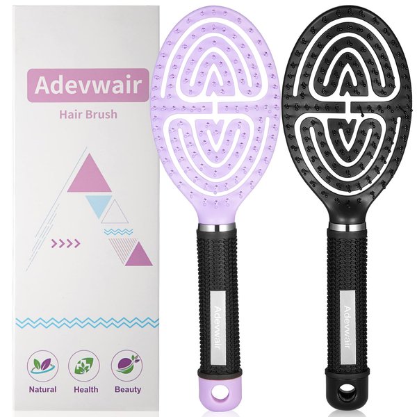 Adevwair Hair Brush-2 Pack Curved Vented Hairbrush for Faster Blow Drying No Pulling Detangling Paddle Brushes for Women, Men Wet Dry Curly Thick Hair