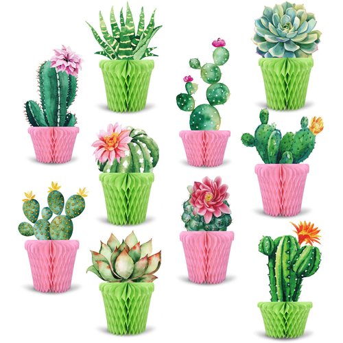 Whaline 10Pcs Cactus Honeycomb Centerpieces Potted Succulent Paper Table Topper Green Pink Flower Pots Bloom Theme Summer Party Table Decoration for Birthday Hawaiian Luau Baby Shower Photography