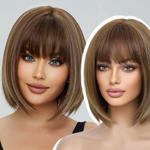 EMMOR Brown Bob Wig with Bangs 13" Short Bob Wigs for Women Heat Resistant Synthetic Wig Natural Looking for Daily Use Party and Cosplay(Brown with Blonde Highlights)