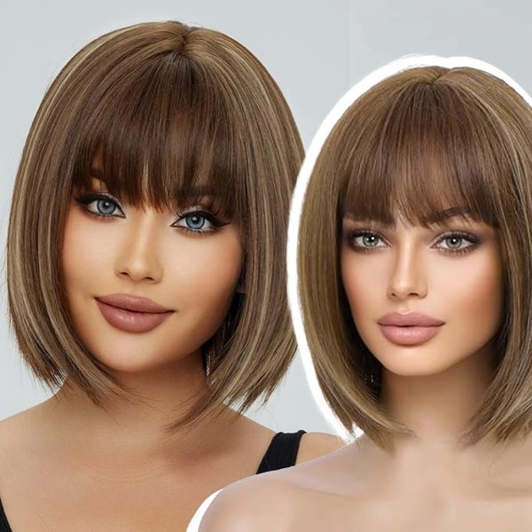 EMMOR Brown Bob Wig with Bangs 13" Short Bob Wigs for Women Heat Resistant Synthetic Wig Natural Looking for Daily Use Party and Cosplay(Brown with Blonde Highlights)
