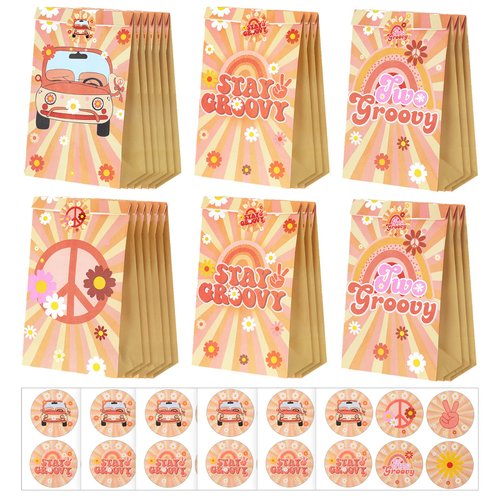 Tudomro 60 Pcs Two Groovy Boho Hippie Party Favors Bags with Stickers Two Groovy Party Decorations for Birthday Baby Shower Party Supplies