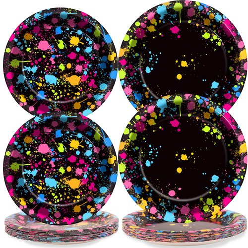 gisgfim 48 Pcs Neon Plates Party Supplies Glow Birthday Party Decorations Glow in Dark Paper Dessert Plates Disposable Neon Theme Birthday Graffiti Party Supplies Decoration Favors