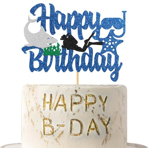 Diver Silhouette Happpy Birthday Cake Topper - Swimming, Ocean Themem Cake Picks - Under The Sea, Perfect Diving theme party supplies - Deep Blue