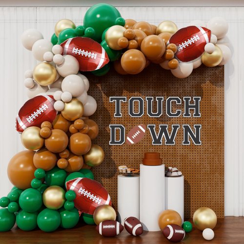 OOPAT Football Balloon Garland Kit 151pcs Balloons for American Football Boys Sports Rugby Baby Shower First Down Birthday The Big Game Football Party Decorations (Green Brown)