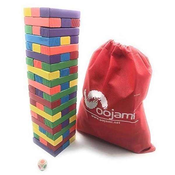 Oojami Wooden Tumbling Timber Toppling Stacking Board Games Building Blocks for Kids - 60 Pieces with Storage Bag Color Match Play Sets for Kids and Families