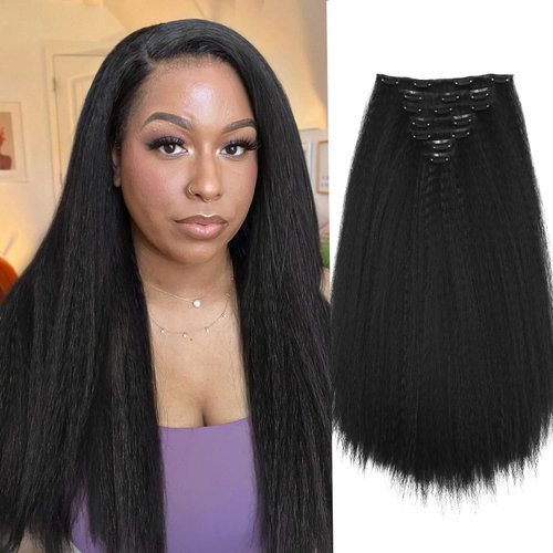 Quantum Love Kinky Straight Clips in Hair Extensions Full Head Yaki Straight Clip Ins for Black W...