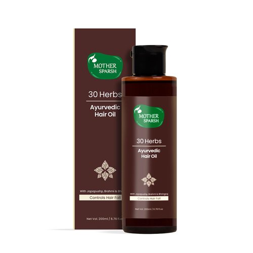 Mother Sparsh 30 Herbs Natural hair oil therapeutic properties to reduce hair fall and nourish dry, dull and damaged hair Contain sesame oil, Jabapushp, Methi, Amla & almond oil Ayurvedic, 200 ml