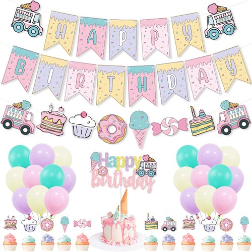 Comic Sweet Ice Cream Donut Birthday Party Decor, Cartoon 2D Comic HAPPY BIRTHDAY Party Banner Cake Toppers Balloons for Kids Awesome Ice Cream Theme Birthday Party Girls Candy Birthday Party Supplies