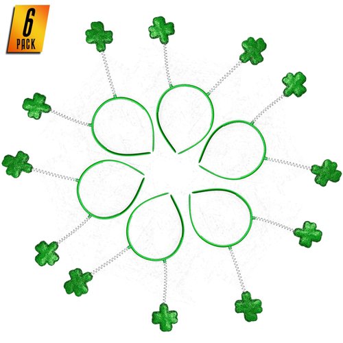 Skeleteen Glitter Shamrock Headband Boppers - St Patricks Day Irish Green Shamrock Head Band Party Favors Supplies Accessories - 6 Pieces
