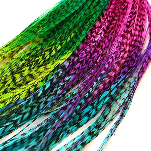 Tie Dye Feather Hair Extensions, 100% Real Rooster Feathers, 20 Long Thin Loose Individual Feathers, By Feather Lily Mixed