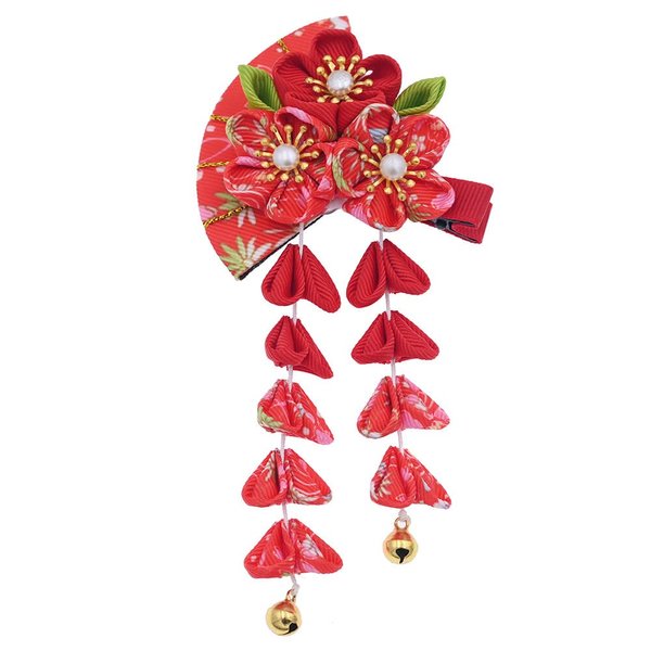 Japanese Style Women Flower Hair Clip Tassel Hair Ornament, Kimono Decor Fabric Hanfu Hairpin Accessories For Christmas Party Costume Gift (Red)