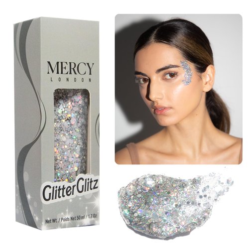MERCY LONDON Glitter Glitz Silver Holographic Gel. 50ml Chunky Glitter Gel for Hair Glitter, Eye and Body. Gel Makeup Glitter for Women