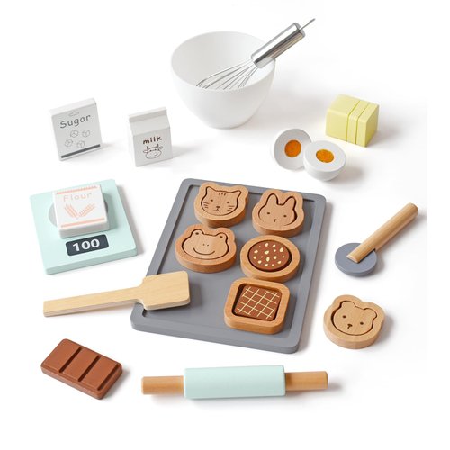 PairPear Wooden Toy Cookies and Baking Set,Kids 28 Pieces Play Food Toy Kitchen Playset,Pretend Play Kitchen Accessories Gift for Boys and Girls 3 Years and up
