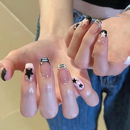 Short Star Press on Nails Square,French Fake Nails with Rhinestones,Shiny Stars Designs Nude False Nails Full Cover Stick on Nails Accessories Press on Nails for Women,24Pcs
