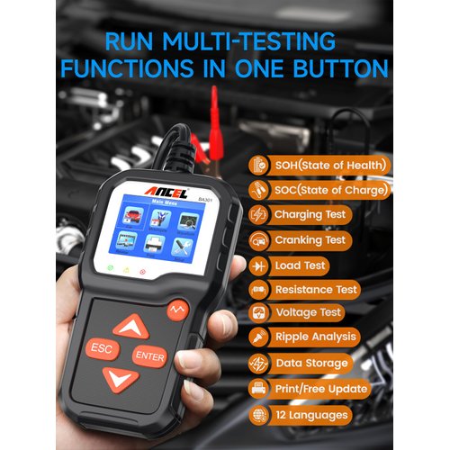 ANCEL BA301 6V 12V Car Battery Tester, 100-2000 CCA Automotive Load Tester Alternator Tester Auto Digital Battery Analyzer Cranking and Charging System Test Tool for Motorcycle Car Boat Truck SUV ATV