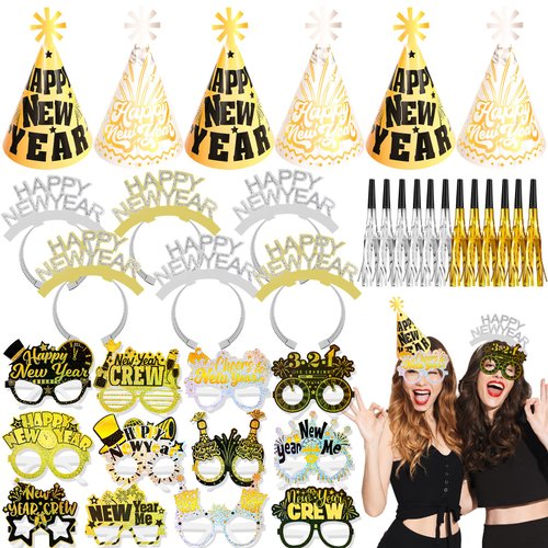 HOWAF 36 Pcs Gold Silver New Year's Eve Party Supplies Kit, 2025 Happy New Year Eve Shiny Firework Party Supplies Favors-New Year Headband Eyeglasses Top Hats Fringed Noisemaker for 2025 NYE Party