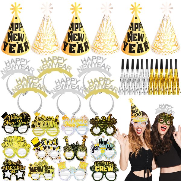 HOWAF 36 Pcs Gold Silver New Year's Eve Party Supplies Kit, 2025 Happy New Year Eve Shiny Firework Party Supplies Favors-New Year Headband Eyeglasses Top Hats Fringed Noisemaker for 2025 NYE Party