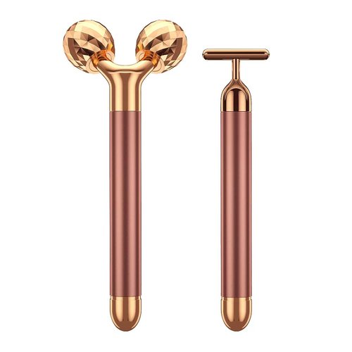Beauty Bar 2-in-1 24k Golden Pulse Facial Face Massager, Electric 3D Roller and T Shape Arm Eye Nose Head Massager Facial Roller Massager Kit Skin Care Tools