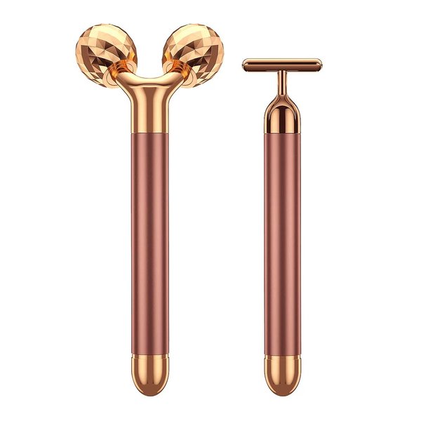 Beauty Bar 2-in-1 24k Golden Pulse Facial Face Massager, Electric 3D Roller and T Shape Arm Eye Nose Head Massager Facial Roller Massager Kit Skin Care Tools