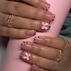 24Pcs Leopard French Tip Press on Nails Short Square Fake Nails Pink Glossy Bow Designs Full Cover Nude Glue on Nails Cute False Nails Stick on Nails for Women Girls Medium Manicure Decorations