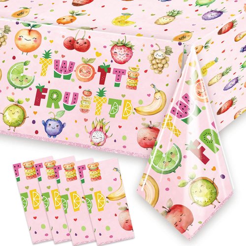 LetDec 4 Pcs Twotti Frutti Tablecloth Summer Fruit Two Years Old Table Covers for Luau Fruit Lemon Watermelon Pineapple Strawberry Theme Girls 2nd Birthday Party Decorations Supplies