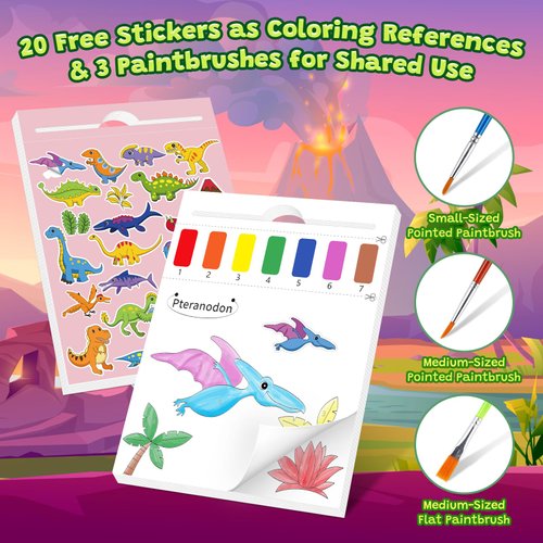 NYPEN Paint with Water Coloring Book for Toddlers, Mess Free Watercolor Painting Books Kit for Kids Ages 2 3 4 5 6, Art Craft Gift for Drawing with Stickers & Brushes, Dinosaurs