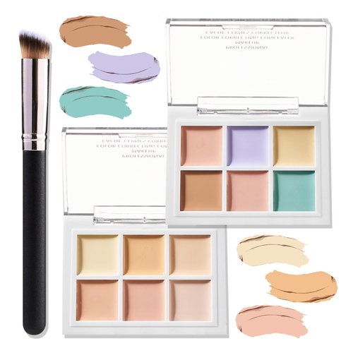 Tri Color Corrector Face Concealer Palette Set with Brush,Moisturizing Long Lasting Waterproof Color Correcting Concealer Full Coverage Cream Contour Foundation Makeup Palette Kit（２PCS）