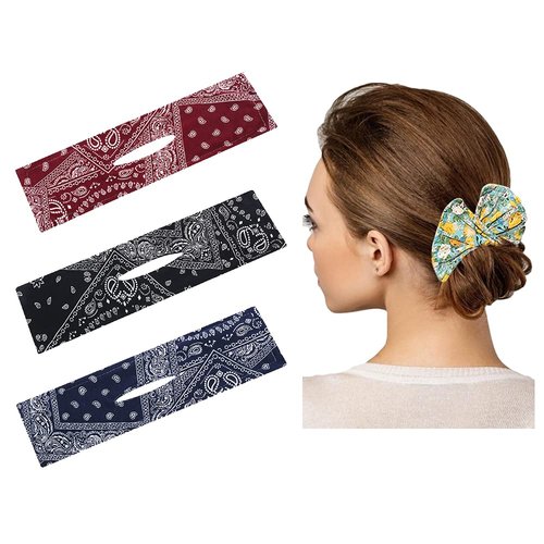 DINPREY 3Pcs Soft Deft Bun for Hair, Magic Hair Deft Bun Maker Bandana Hair Bands for Women French Twist Hairstyle Bun Tool Reusable Bun for Hair Clip (Paisy G)