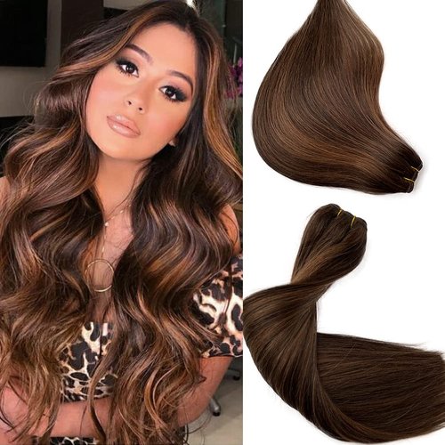 Hand Tied Weft Hair Extensions Balayage Human Hair Dark Brown Root with Honey Blonde Highlight #2T2P6 Real Hair Hand Tied Weft Hair Extensions Hand Tied Sew In Weft Hair Extensions 20" 100G Remy Hair