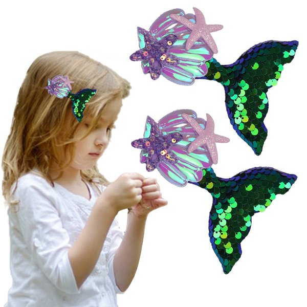 Mermaid Hair Clips Green Sequins Fish Tail Hair Pins Starfish Shell Hair Barrettes Mermaid Glitter flakes Alligator Hair Clips for Women Cute Hair Accessories Birthday Party Headpiece Supplies
