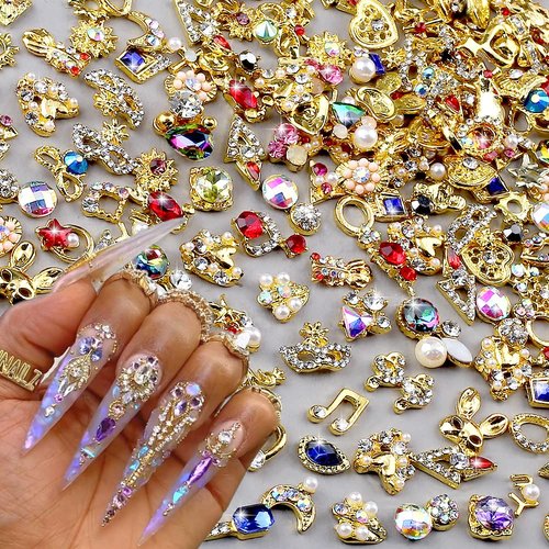 50pcs 3D Gold Nail Charms for Acrylic Nails Mix Styles Rhinestones for Nails Metal Nail Jewels fo...