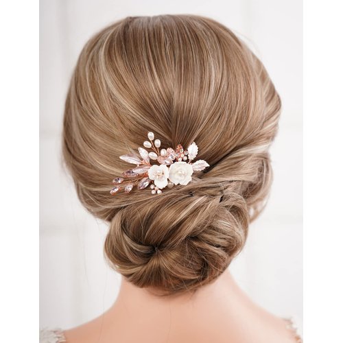 Missgrace Bridal Hair Accessories: Crystal Pearl Leaf Rhinestone Hair Comb, Gold Flower Side Clips for Brides and Women (Rose Gold Pink)