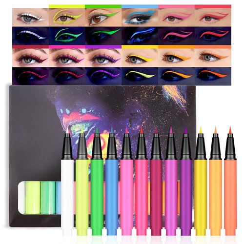 evpct 12Pcs Colorful UV Neon Liquid Eyeliner Pencil Pen Set, Rainbow Halloween Matte Colored Eyeliners Pencil Glow in Dark, Waterproof Long Lasting Eyeliner Pigmented Delineador ojos líquido de neón