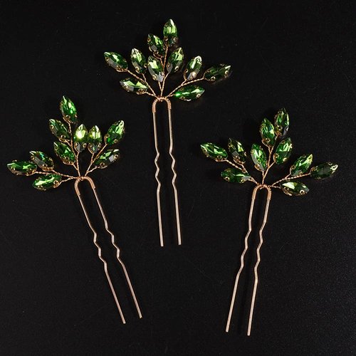 Chargances 3pcs Crystal Wedding Hair Pins Green Rhinestone Bridal Hair Pins Handmade Bridal Hair Accessories for Women Girls Bridesmaids (Green)