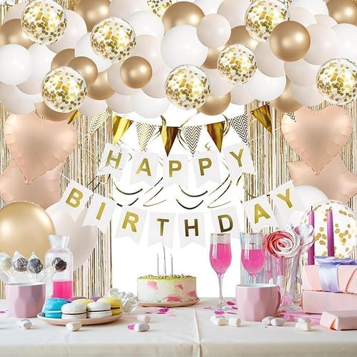 Birthday Decorations for Women Girls, White Sand Beige Cream Neutral Gold Foil Balloons Decor, Happy Birthday Banner Foil Balloon Fringe Curtain, Boho Birthday Party Supplies