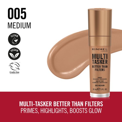 Rimmel Multi-Tasker Better Than Filters, 005 Medium, Face Primer, Glow Booster and Highlighter, Vegan Formula, Anti-Ageing Benefits, Light-Reflecting Pigments, Giant Soft-Touch Wand, 1oz